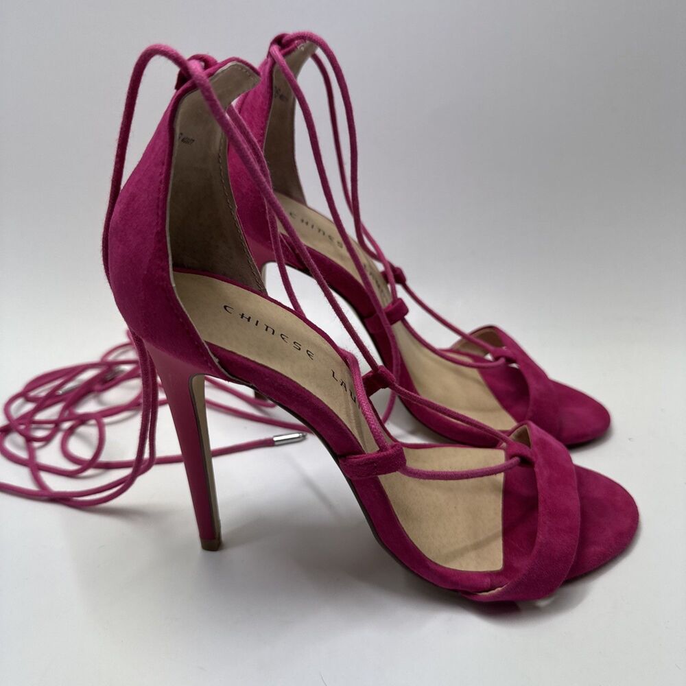 Women’s Chinese Laundry Heels  Sz 5.5 Ankle Tie Hot Pink Suede Peep Toe